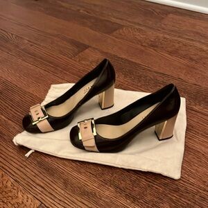 Franco Sarto Dark Brown and  Cream High Heel Shoes, patent leather, women